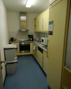 a small kitchen with yellow cabinets and a sink at Pension Am Seeberg in Alt Zeschdorf +17 photos