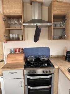 a kitchen with a stove top oven in a kitchen at Cabin 100 in Warsash