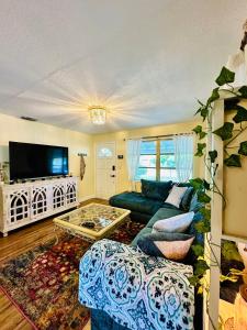 ein Wohnzimmer mit Sofa und Fernseher in der Unterkunft Zen Den Beach House Bungalow in St Petersburg