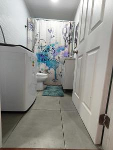 a bathroom with a toilet and a shower curtain at Cabañas Sol y Luna Lago Ranco in Lago Ranco +11 photos