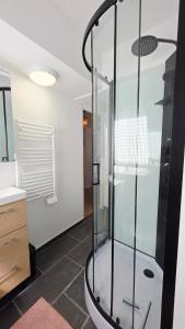 une douche en verre dans une salle de bain avec un lavabo dans l'établissement Le duplex de Belle Rade - proche centre et plage, à Dunkerque