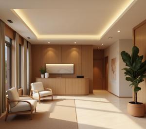 a lobby with two chairs and a table and a plant at Adn Penta Apart in Adana