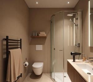 アダナにあるAdn Penta Apartのシャワー、トイレ、洗面台を備えたバスルーム +16枚の写真