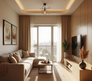 アダナにあるAdn Penta Apartの白いソファと大きな窓のあるリビングルーム