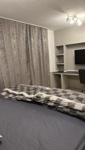 a bed in a room with a desk and a bed sidx sidx sidx at Schönes Apartment mit eigener Küche und eigenem Bad in Munich +18 photos