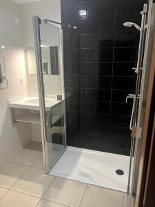 eine Dusche mit Glastür im Badezimmer in der Unterkunft Gite le Mamama, maison cosy au centre du village in Sommerau