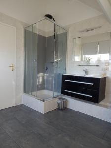 ein Badezimmer mit Glasdusche und Waschbecken in der Unterkunft Traumhaftes freistehendes Ferienhaus, an der See, Strand, Yachthafen, W-Lan in Bruinisse