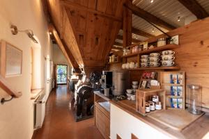 a kitchen with wooden walls and wooden ceilings at Die Landhofmühle in Windisch Minihof