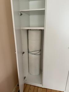 un armario blanco con un cubo dentro en Paupys Cozy Studio, en Vilna