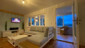 a living room with a couch and a tv at Ferienhaus am Wald - Leipzig Land Whirlpool & Infrarotkabine in Brandis