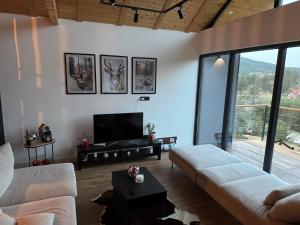 a living room with white furniture and a large window at Vamas Villa in Dobroselica
