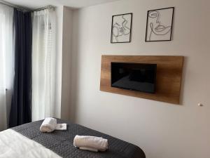 a bedroom with a bed and a flat screen tv at Crystal R31 Relax in Sárvár