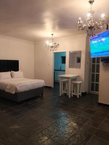 a bedroom with a bed and a flat screen tv at Village on sea in Amanzimtoti