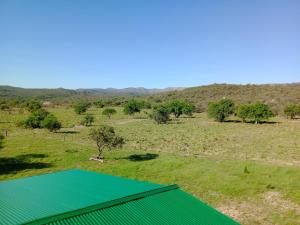 an overhead view of a green tennis court in a field at Cabaña Elun in Panaholma +1 photo