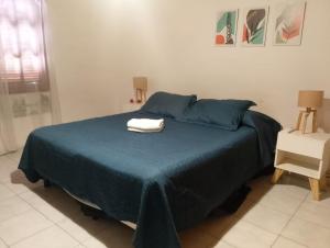 ein Schlafzimmer mit einem blauen Bett mit zwei Handtüchern darauf in der Unterkunft Casa y departamento en mismo domicilio para 10 personas in Barraquero