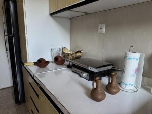 a kitchen counter with a laptop on top of it at A house in the woods in Patara Etseri