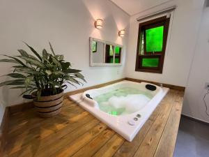 eine Badewanne in einem Zimmer mit einer Topfpflanze in der Unterkunft Recanto das Palmeiras in Guarda do Embaú