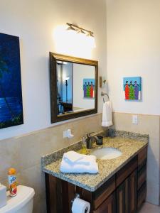 une salle de bain avec un lavabo et un miroir dans l'établissement Palm Life Belize, à Caye Caulker
