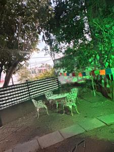 瓜达拉哈拉Cocoa Home Women Only Rooms Chapalita的两个绿色长椅,坐在围栏旁边