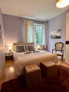 ein Schlafzimmer mit großem Bett und Fenster in der Unterkunft Villa Otolice obok Łowicza, 6 sypialni, basen, sauna, snooker, 50 minut od Warszawy i Łodzi in Łowicz