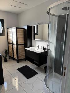 a bathroom with a sink and a shower at Maison neuve 2 chambres entre Dordogne et Corrèze in Terrasson-Lavilledieu