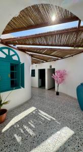 ĀdamCasa Blanca - calm space for soul revival的一间房间，白墙，蓝色窗户，还有一盆植物。