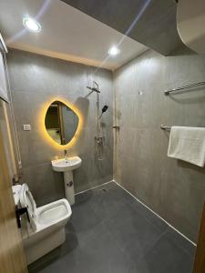 une salle de bain avec un lavabo, des toilettes et une douche dans l'établissement Cubic apartment - Wuse ll, à Abuja