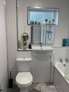 a bathroom with a toilet and a sink and a mirror at Spacious two bedroom flat, entire property in Greenock