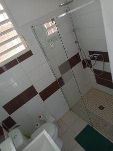 a bathroom with a shower and a toilet at Lantana in Sainte-Anne