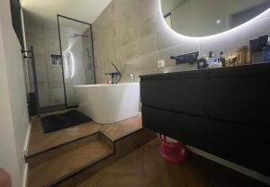 a bathroom with a tub and a sink and a mirror at Appartement en hyper-centre in Figeac
