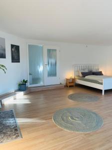 ein Wohnzimmer mit einem Bett und einem Teppich in der Unterkunft Ferienwohnung Am Steinberg in Nauendorf