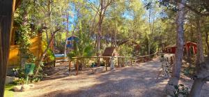 a path in a forest with trees and a building at Casas Rurales La Navela in Blanca
