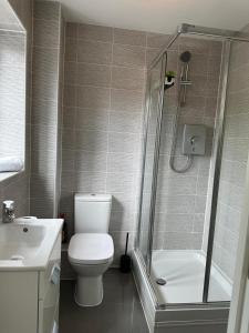 a bathroom with a shower and a toilet and a sink at Margam's Gloucester House for Business Travellers in Cheltenham +14 photos