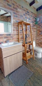 une salle de bain avec un lavabo et des toilettes dans l'établissement Cabaña Luz de Luna, à Cuítiva