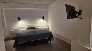 a bedroom with a bed and a flat screen tv at 1902Aparts in Montevideo