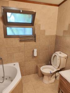 La salle de bains est pourvue de toilettes, d'une baignoire et d'une fenêtre. dans l'établissement galilpitality, à Sede Eli‘ezer