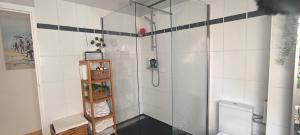 a shower with a glass door in a bathroom at Maison moderne 150 m2 à 15mn du centre ville in Aigné +22 photos