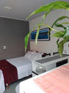 a bedroom with a bed and a desk at Studio Beira Mar in Imbituba