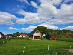 ein kleines Haus auf einem Feld mit einem grünen Hof in der Unterkunft Drewno i Len in Debina