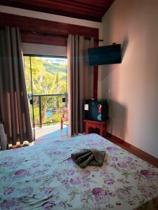 ein Schlafzimmer mit einem Bett und einem Fernseher und einem Fenster in der Unterkunft Pousada Finca dos Anjos in Passa Quatro