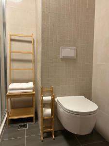 La salle de bains est pourvue de toilettes blanches et d'une étagère. dans l'établissement Studio apartment ASKA, à Jahorina 49 autres photos