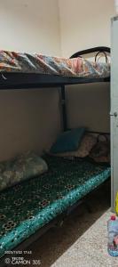 deux lits superposés dans une chambre avec un banc vert dans l'établissement Mixed dormitory, only for Indians, à Charjah