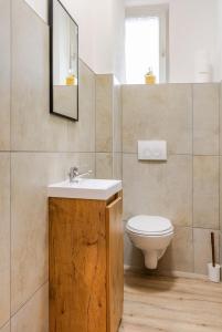 a bathroom with a sink and a toilet at Worms City Apartment in Worms +19 photos