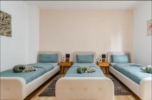 two beds in a room with blue pillows at Worms City Apartment in Worms