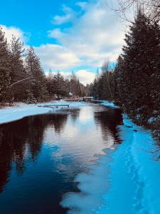 a river with snow on the ground and trees at Chalet -Havre au bord de l'eau in Chertsey