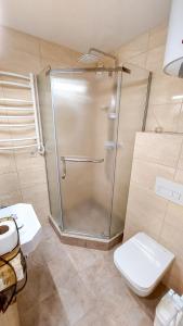 une cabine de douche dans une salle de bain avec toilettes dans l'établissement Апартаменти на Лисенка, à Dorotichi 3 autres photos