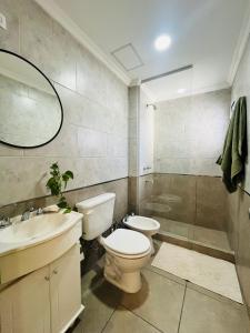 a bathroom with a toilet and a sink and a mirror at Departamento Las Marias in Olavarría