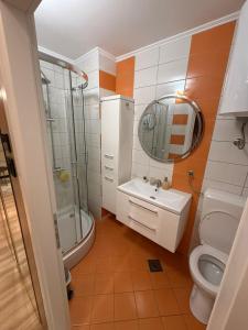 a bathroom with a shower toilet and a sink at Central Spot BL in Banja Luka