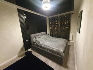 ein Schlafzimmer mit einem Bett in einem Zimmer mit Fenster in der Unterkunft Elegant Apartments FREE PARKING in Leszno