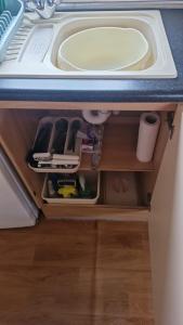 阿伯里斯特威斯Welsh Seaview Stay 3 bed caravan by pool, club and beach的橱柜,柜下有水槽